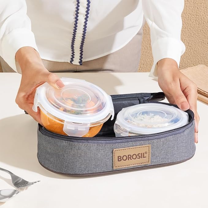 Borosil Pro Borosilicate Glass Lunchbox with Bag | 2 pc Round Container Set (400 ml Each) | Microwave & Dishwasher Safe, Leakproof | Tiffin for Office, School, College | Transparent, Horizontal