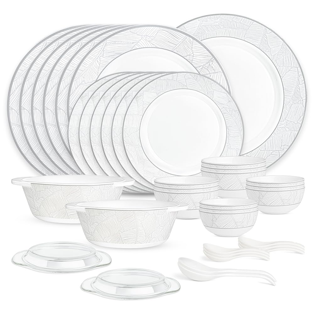 Larah by Borosil Premia Series Ivy Opalware Dinner Set | 37 Piece for Family of 6 | Microwave & Dishwasher Safe | Bone-Ash Free | Crockery Set for Dining & Gifting | Plates & Bowls | White