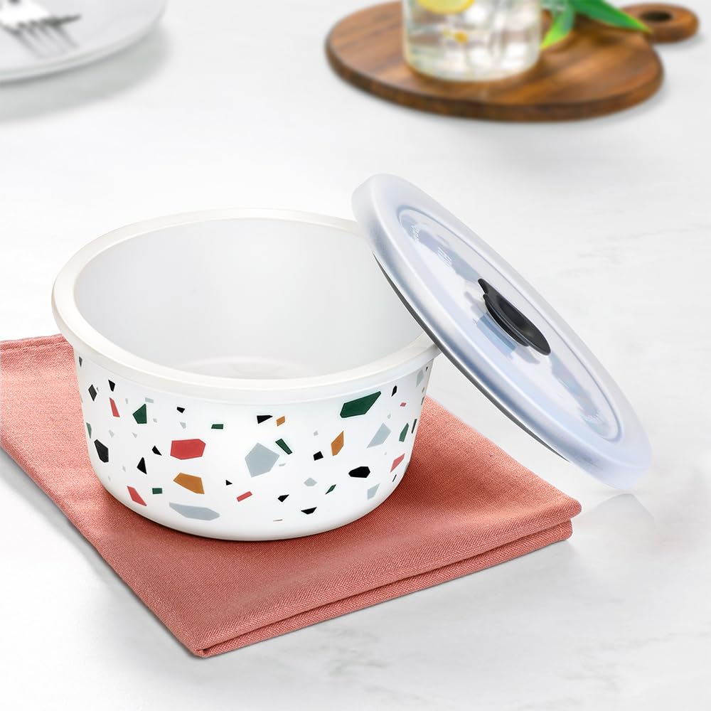 Larah by BOROSIL Confetti 2 Pcs Storage Bowl, 400 ml Each, Opal Glass Storage Container with Air Tight Lid | Microwave & Dishwasher Safe