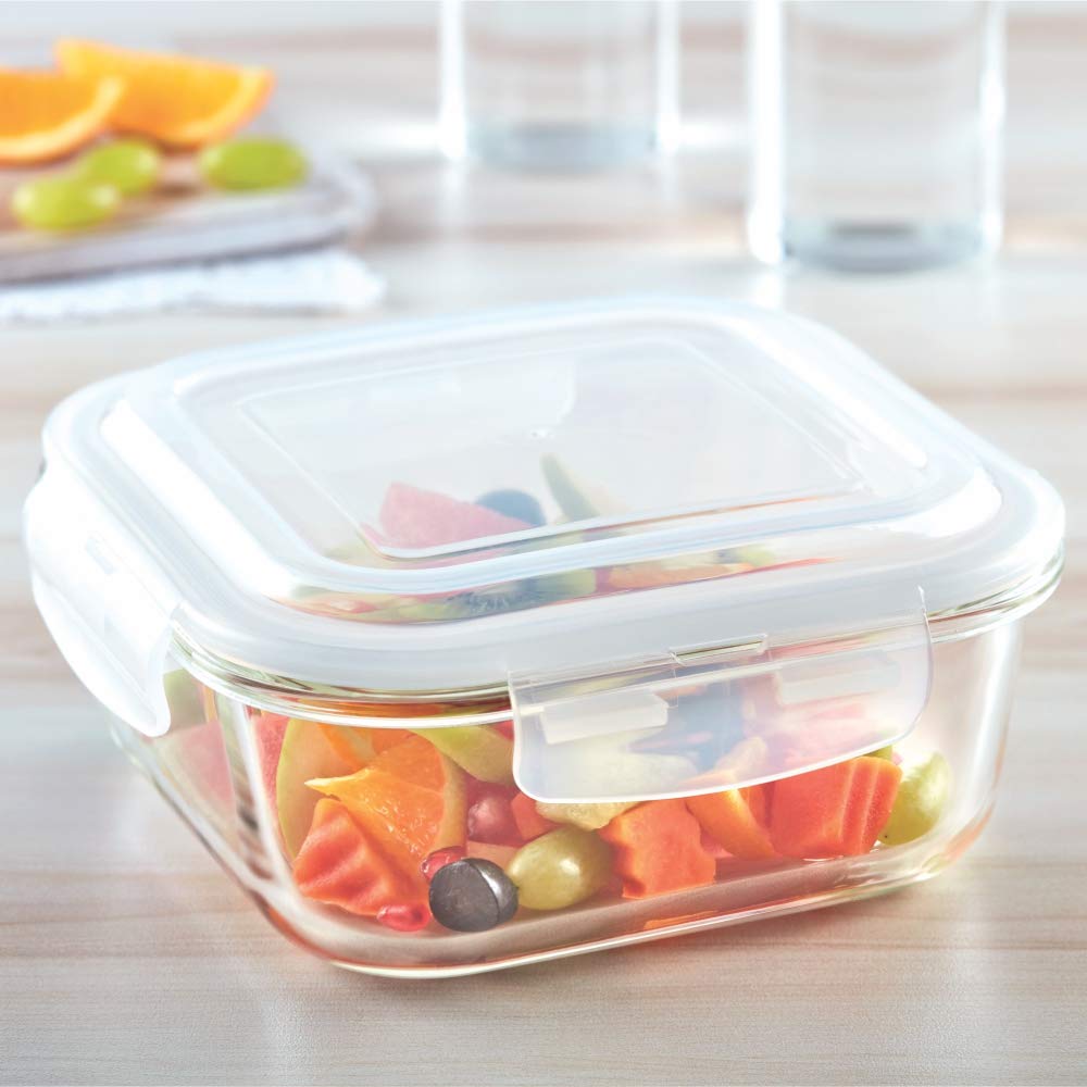 Borosil Klip N Store Glass Storage Container For Kitchen With Air-Tight Lid, Microwave & Oven Safe, Square, 1 L, Clear