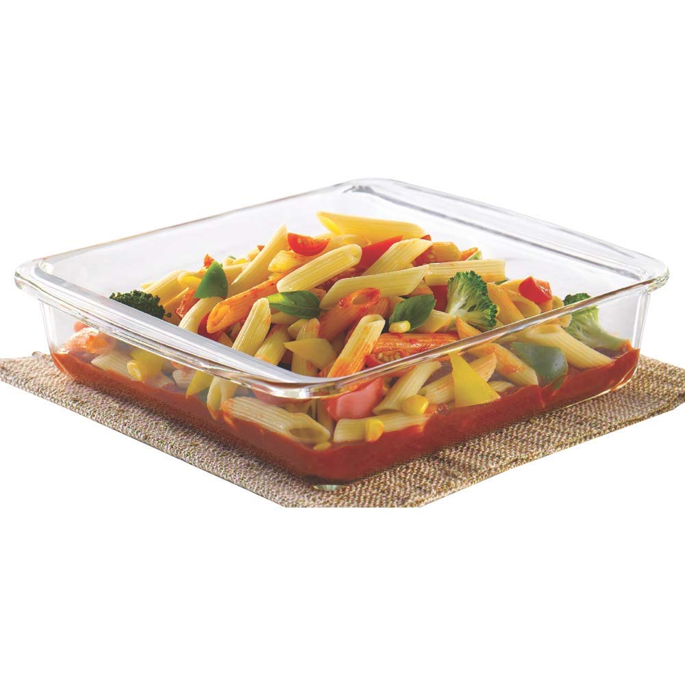 Borosil 800 ml Baking & Serving Dish with Handle | Borosilicate Glass Square Shape Bakeware and Serveware Casserole Dish Tray | Microwave, Oven & Dishwasher Safe Bowl (Transparent)