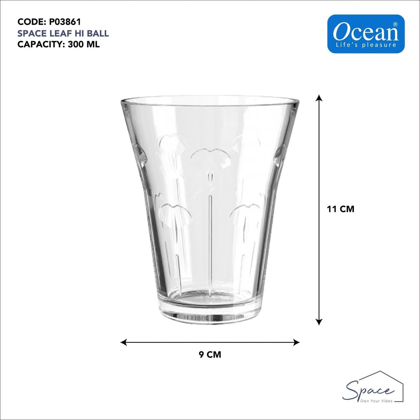 Ocean Space Leaf Hi Ball Glass, Set Of 6, 300Ml, P03861, Mocktail Glass, Highball Glass, Beverage Glass, Water Glass, Juice Glass