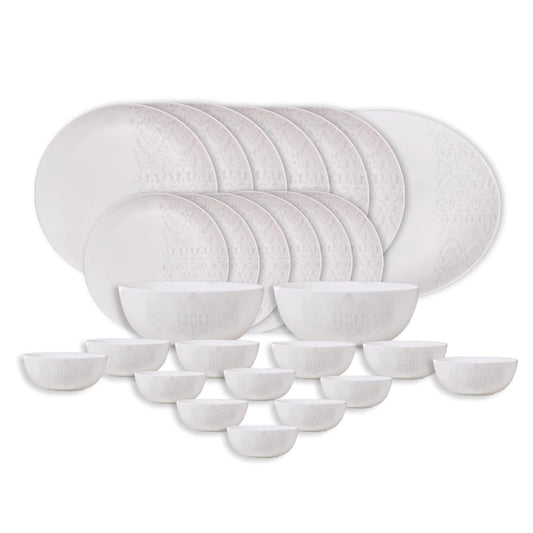 Cello Opalware Royale Series Pristine Dinner Set, 27 Units | Opal Glass Dinner Set for 6 | Crockery Set for Festive Ocassions, Parties | White Plate and Bowl Set