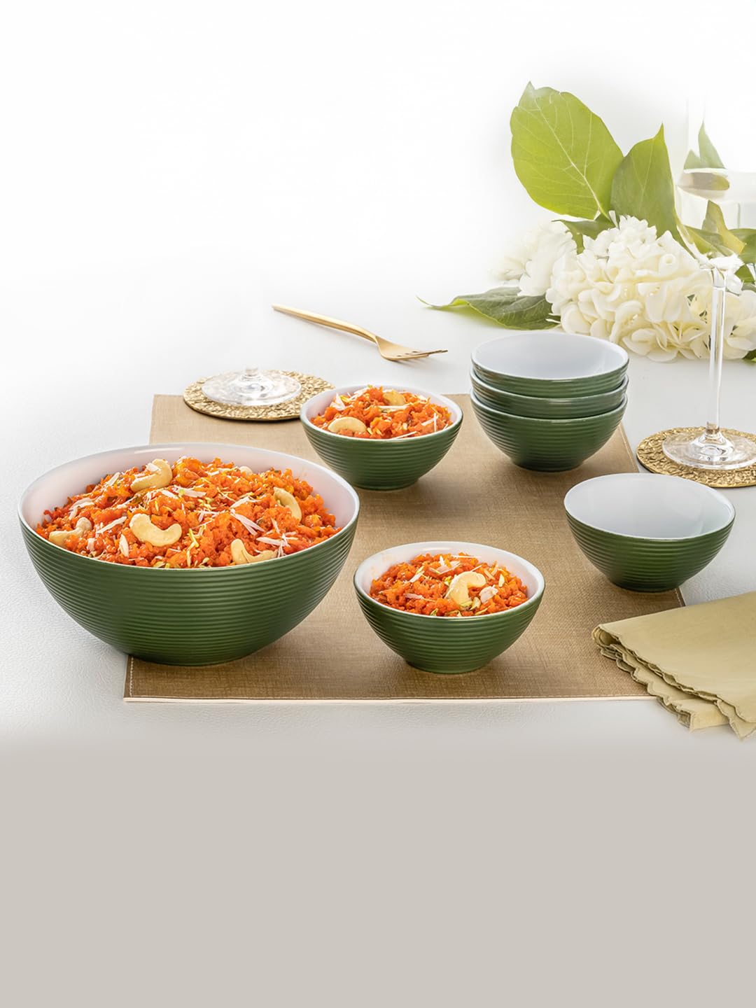 Larah by Borosil Olive Green Orbit Series Opalware 7 Pcs Pudding Set | Microwave & Dishwasher Safe | Bone-Ash Free | Crockery Set for Dining & Gifting | Bowls Set