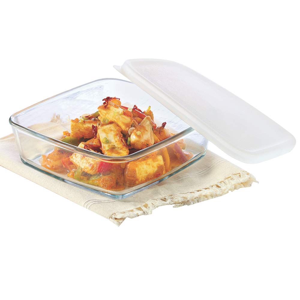 Borosil 500ml Baking & Serving Square Shape Dish with White Lid | Borosilicate Glass Bakeware and Serveware Tray | Microwave, Oven & Dishwasher Safe Bowl | Transparen