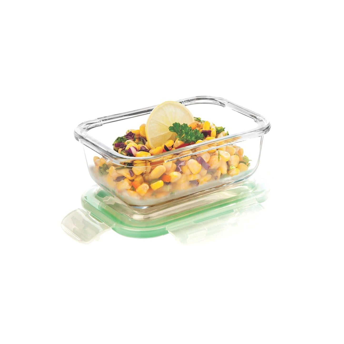 Signoraware Lock N Store Borosilicate Glass Rectangular Container with Lid | Microwave & freezer safe | Airtight & Leakproof | Ideal for Kitchen Use, Lunch box & Reheating Leftovers (Clear| 370ml)