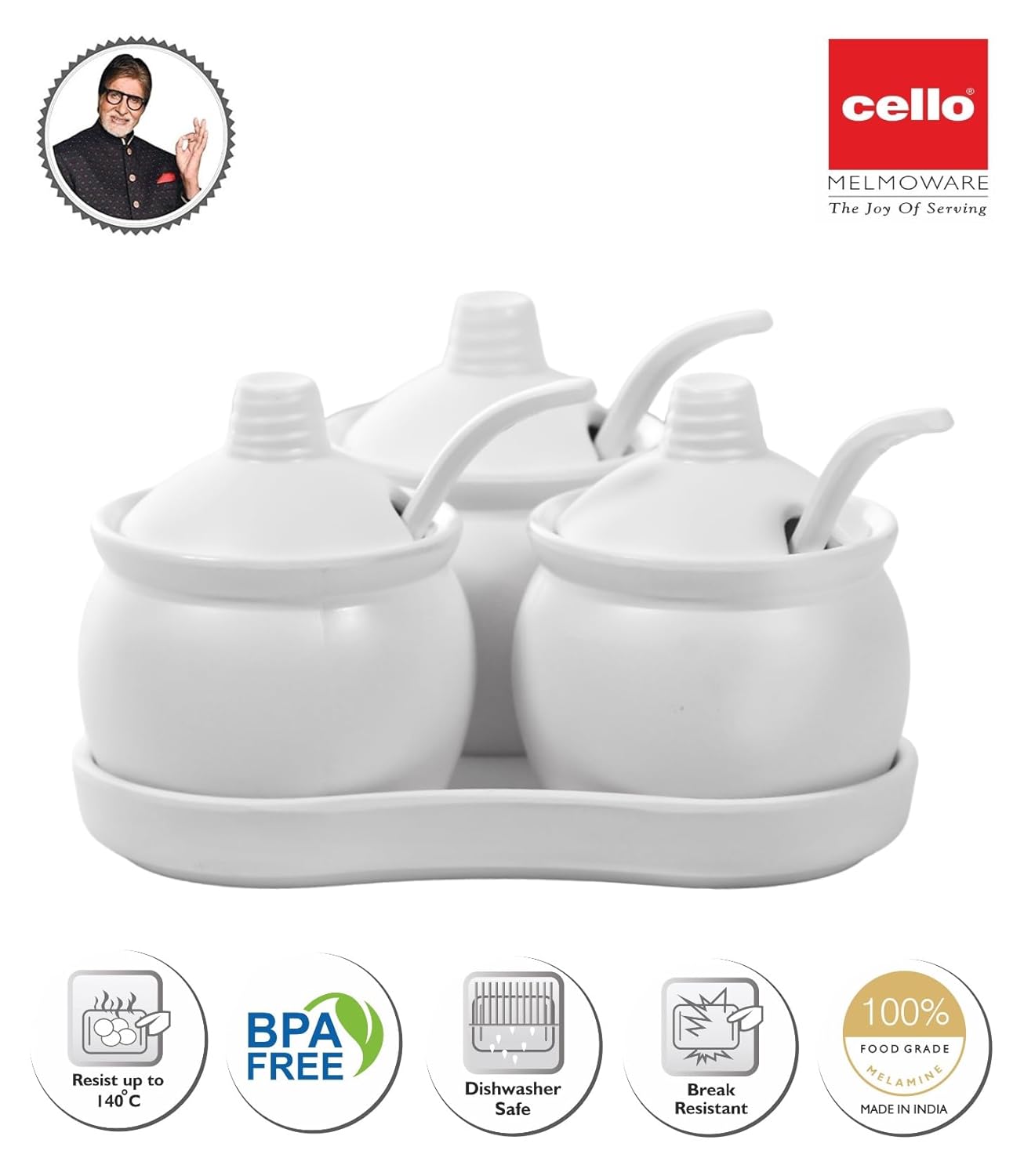 Cello melamine Minty Mukhwas set, pickle set, spice set - set of 3 Pcs White