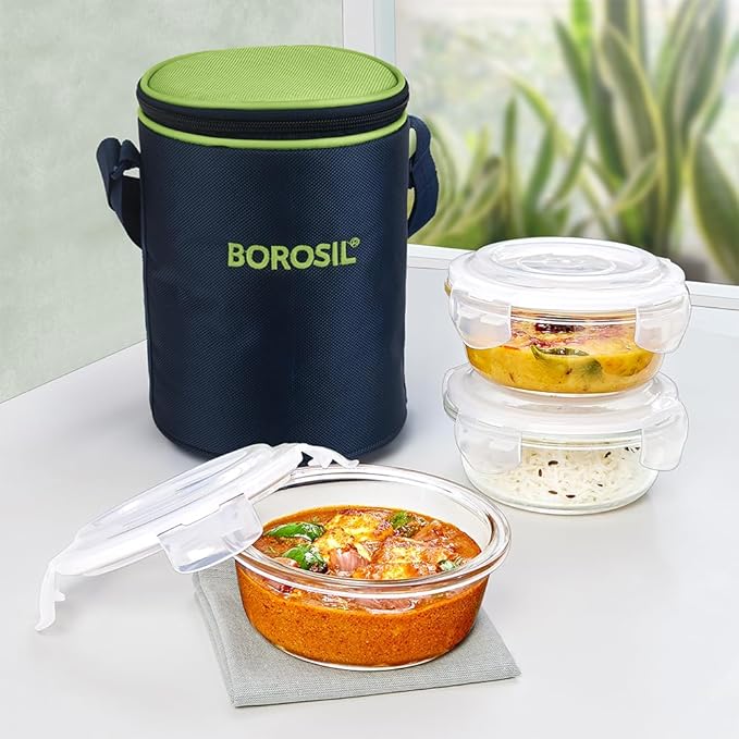 Borosil Lunchbox | 3pc Round Container Set (400 ml Each) | Made in India Borosilicate Glass | Microwave & Dishwasher Safe | Tiffin for Office, School, College | Vertical (Alfa Green)
