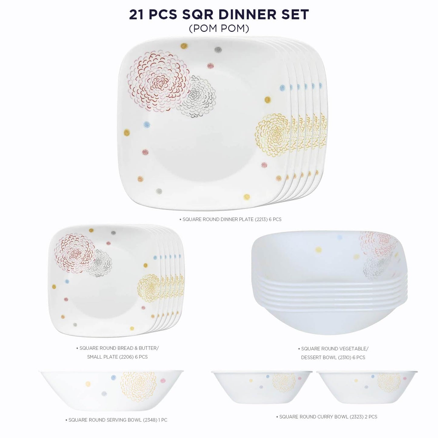 CORELLE 21 pc Square Round Dinner Set - POM POM White, Lightweight & Durable, Made of Vitrelle Glass, Microwave & Dishwasher Safe, Elegant Crockery for Dining & Gifting