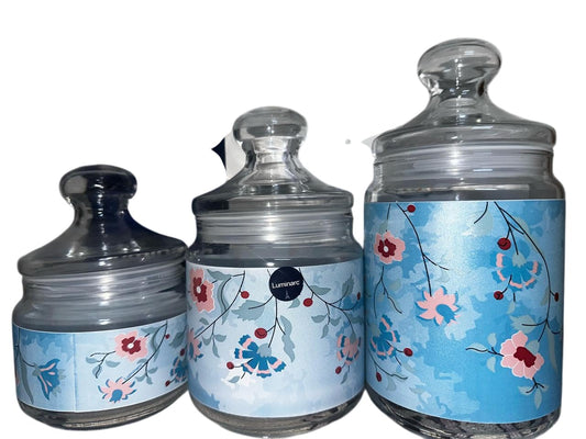 Luminarc 3 Pc Printed Pot Club Jar Glassware Set – Airtight Storage Containers for Kitchen Pantry, Spices, Snacks and Dry Ingredients (Printed)