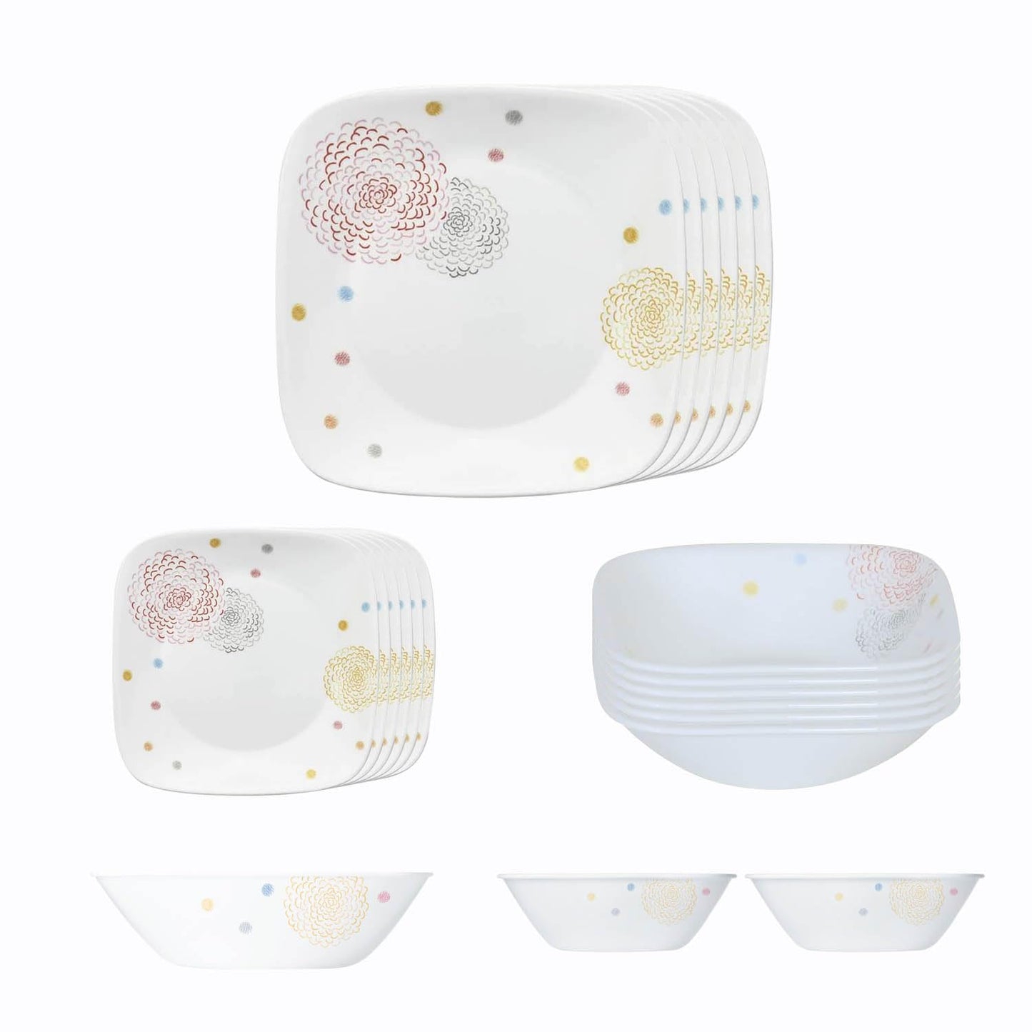 CORELLE 21 pc Square Round Dinner Set - POM POM White, Lightweight & Durable, Made of Vitrelle Glass, Microwave & Dishwasher Safe, Elegant Crockery for Dining & Gifting