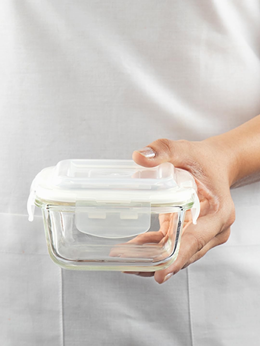 Borosil 800ml Klip n Store Square Glass Food Storage Container with Air Tight Lid | Borosilicate Glass Container for Lunchbox | Microwave & Dishwasher Safe | Transparent