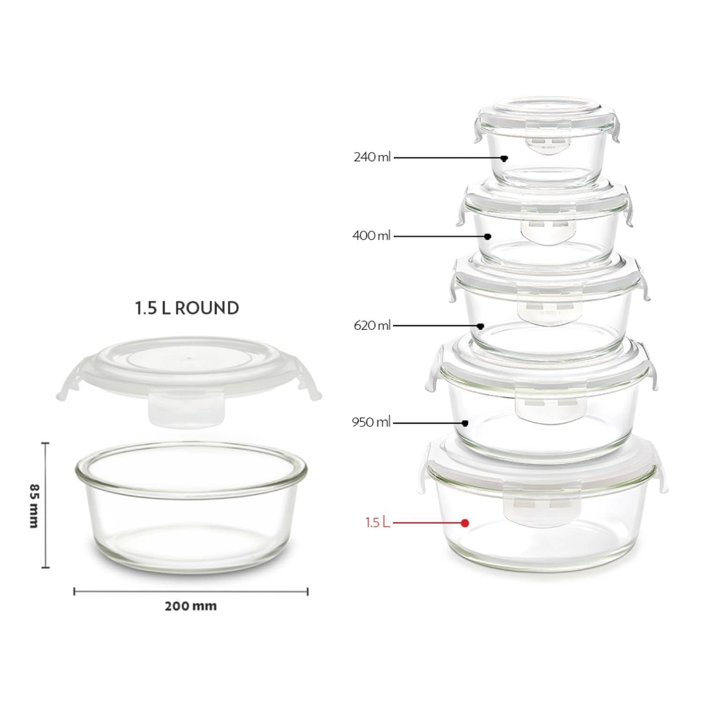 Borosil 1.5L Klip n Store Round Glass Food Storage Container with Air Tight Lid | Borosilicate Glass Container for Lunchbox | Microwave & Dishwasher Safe | Transparent