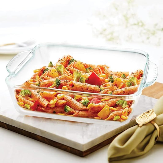Borosil 2 L Smartgrip Baking & Serving Dish with Handle | Square Shape Bowl Container | Borosilicate Glass Bakeware and Serveware Casserole Dish Tray | Microwave, Oven & Dishwasher Safe | Transparent