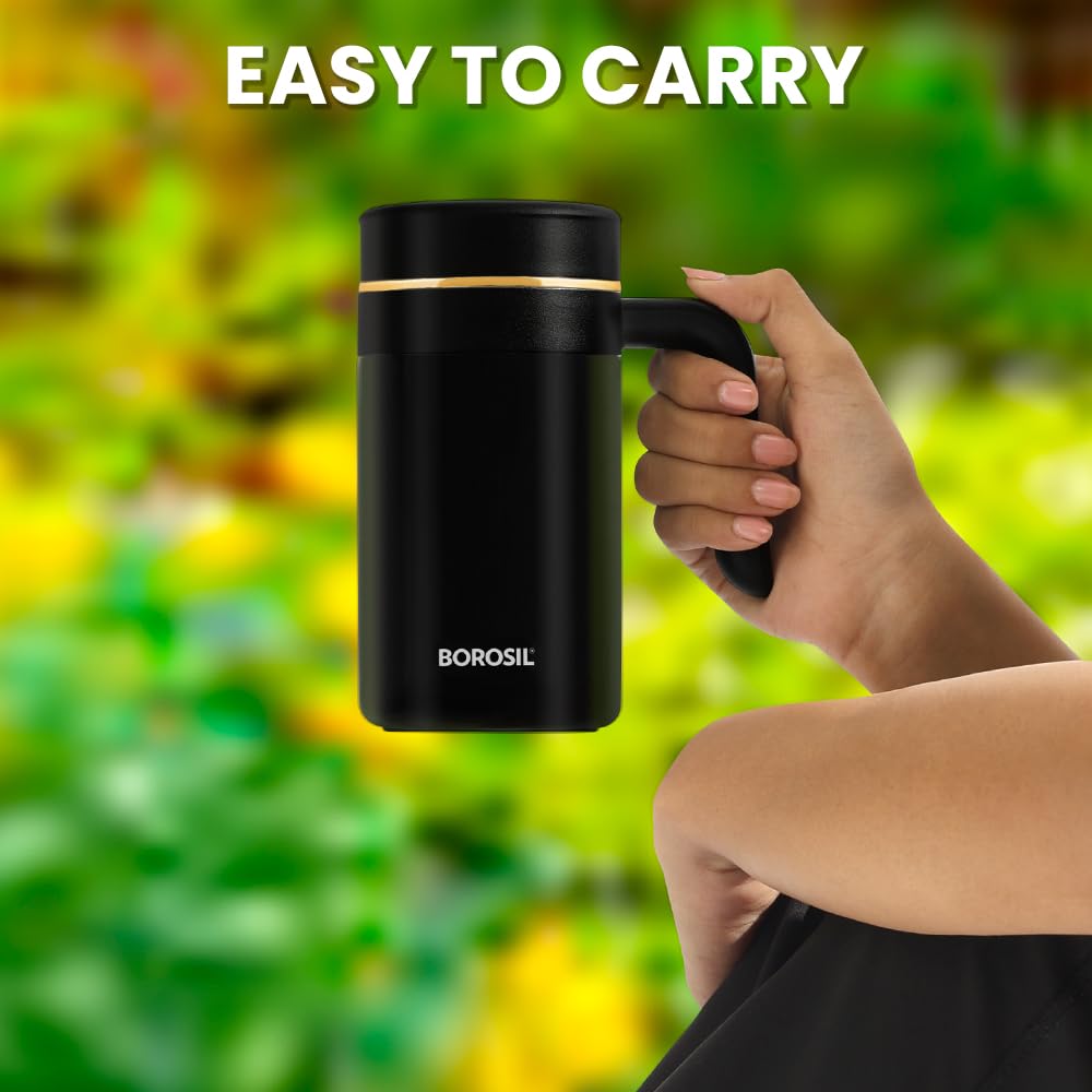 Borosil Hydra Klassic Super Insulated Mug, Vacuum Insulated Travel Coffee/Tea Mug, 8 Hrs Hot and 13 Hrs Cold, Easy to Carry, Leak Proof, 540 ml, Black, Stainless Steel