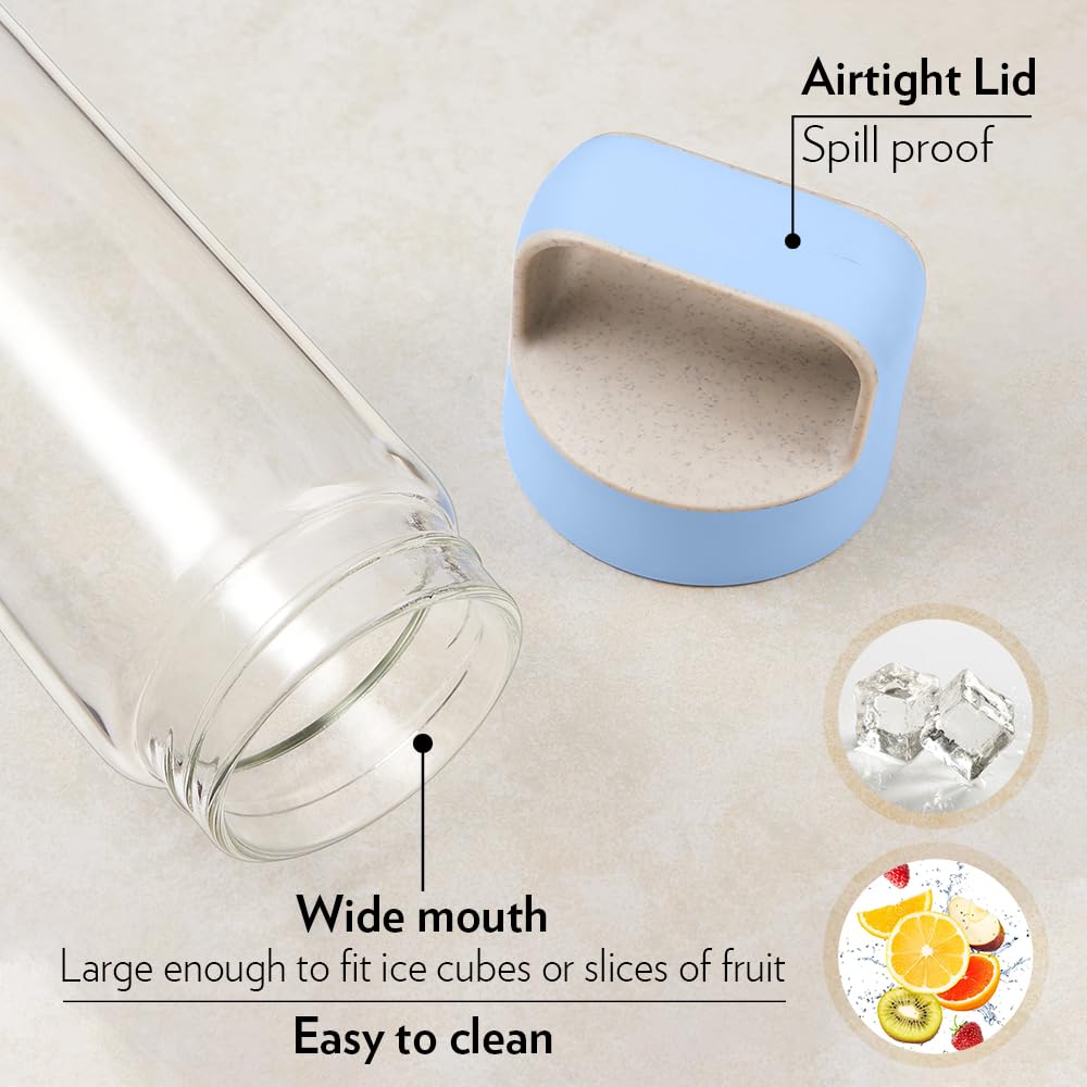 Borosil 550ml Neo Water Bottle Set with Lid | Borosilicate Glass Wide Mouth Bottle for Fridge | Extreme Temperature Resistant For Hot & Cold Water, Milk, Lassi, Juice