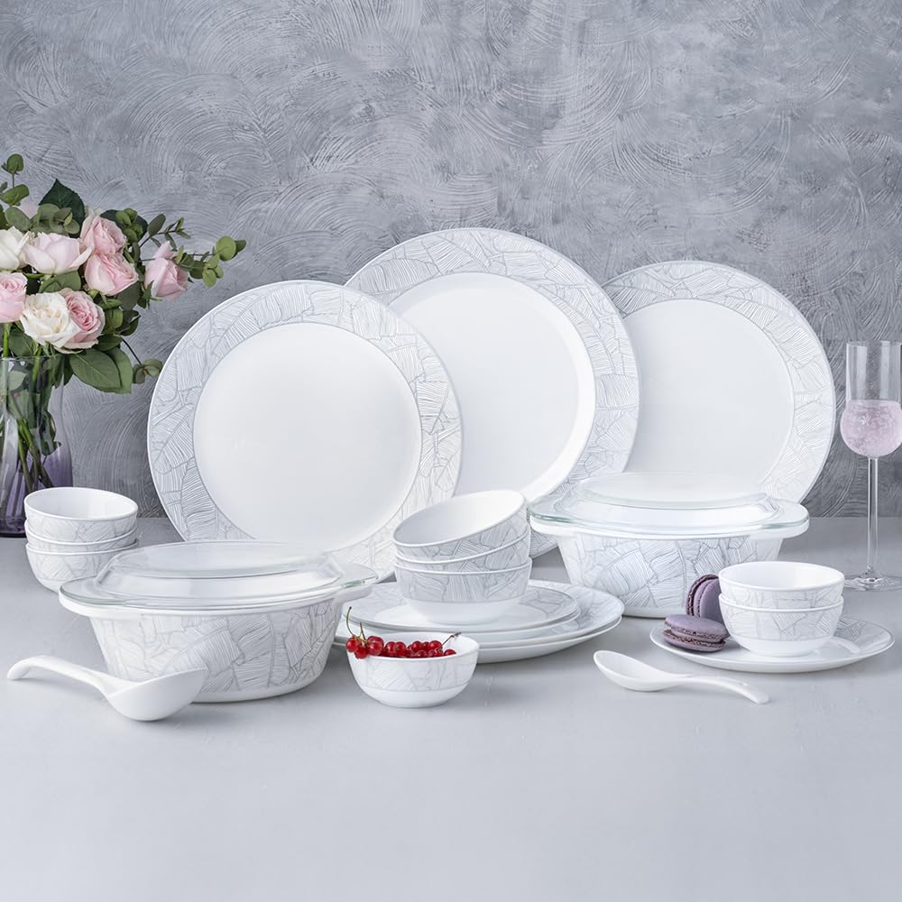 Larah by Borosil Premia Series Ivy Opalware Dinner Set | 37 Piece for Family of 6 | Microwave & Dishwasher Safe | Bone-Ash Free | Crockery Set for Dining & Gifting | Plates & Bowls | White