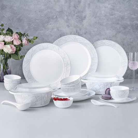 Larah by Borosil Premia Series Ivy Opalware Dinner Set | 37 Piece for Family of 6 | Microwave & Dishwasher Safe | Bone-Ash Free | Crockery Set for Dining & Gifting | Plates & Bowls | White