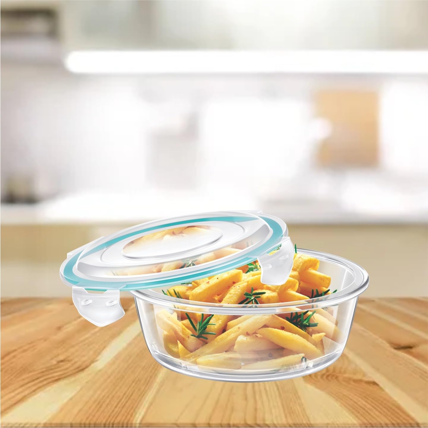SignoraWare Lock N Store Borosilicate Glass Round Container | Microwave Safe | Convenient Storage | Air tight Lid | Useful for Storage Snacks & Treats | Best for office use (240ml | Clear)