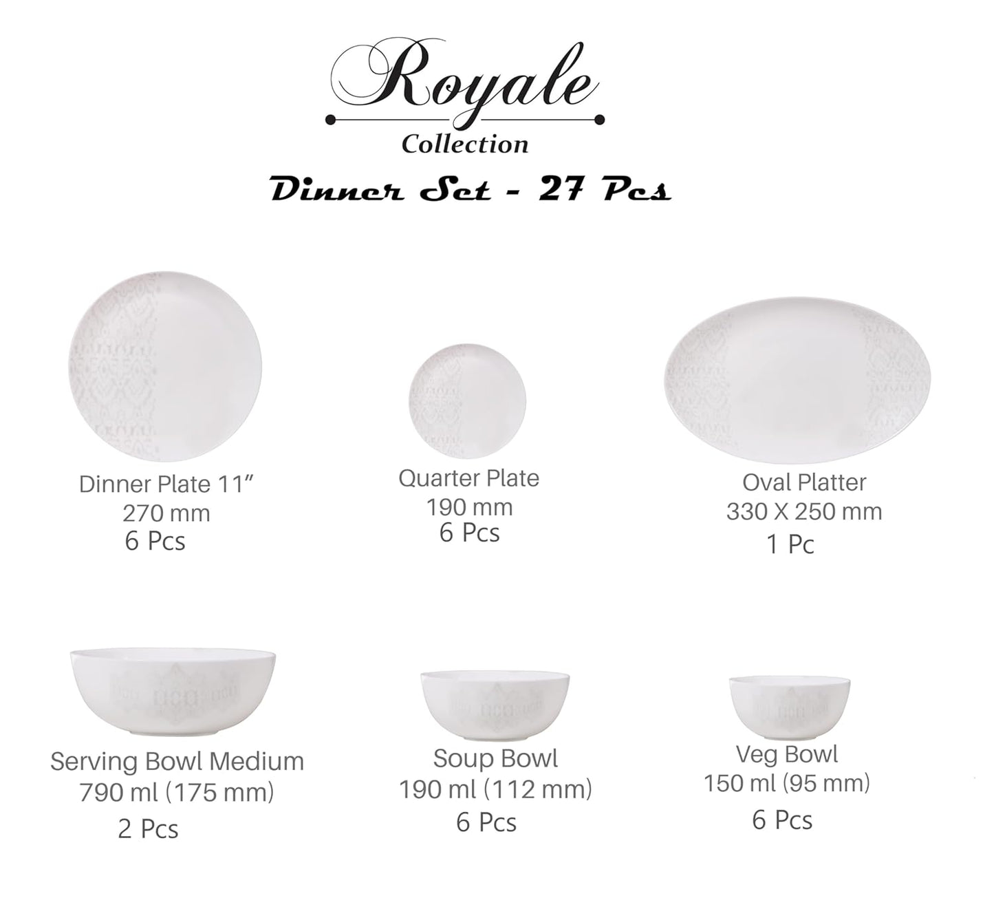 Cello Opalware Royale Series Pristine Dinner Set, 27 Units | Opal Glass Dinner Set for 6 | Crockery Set for Festive Ocassions, Parties | White Plate and Bowl Set