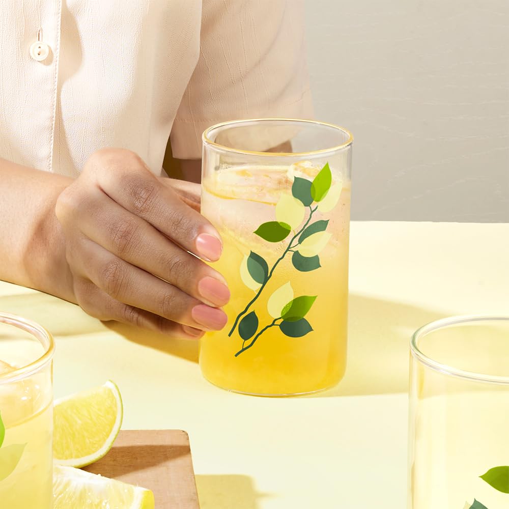 Borosil 295 ml Set of 6 pcs Green Leaves Vision Transparent Glass | Cold Drink Tumbler, Beer Glass, Juice Glass | Flame Proof Glasses | Microwave & Dishwasher Safe | Glass Drinking Tumbler