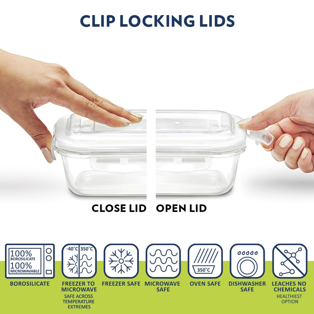 Borosil Klip n Store 320ml x 3 Square Container Lunchbox | Made in India Borosilicate Glass | Microwave & Dishwasher Safe | Tiffin for Office/School/College