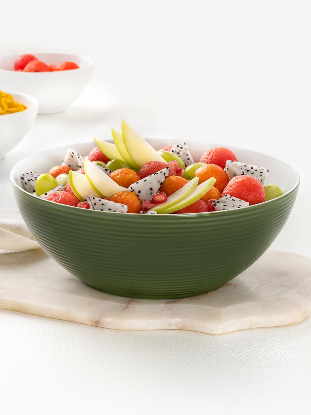 Larah by Borosil Olive Green Orbit Series Opalware 7 Pcs Pudding Set | Microwave & Dishwasher Safe | Bone-Ash Free | Crockery Set for Dining & Gifting | Bowls Set