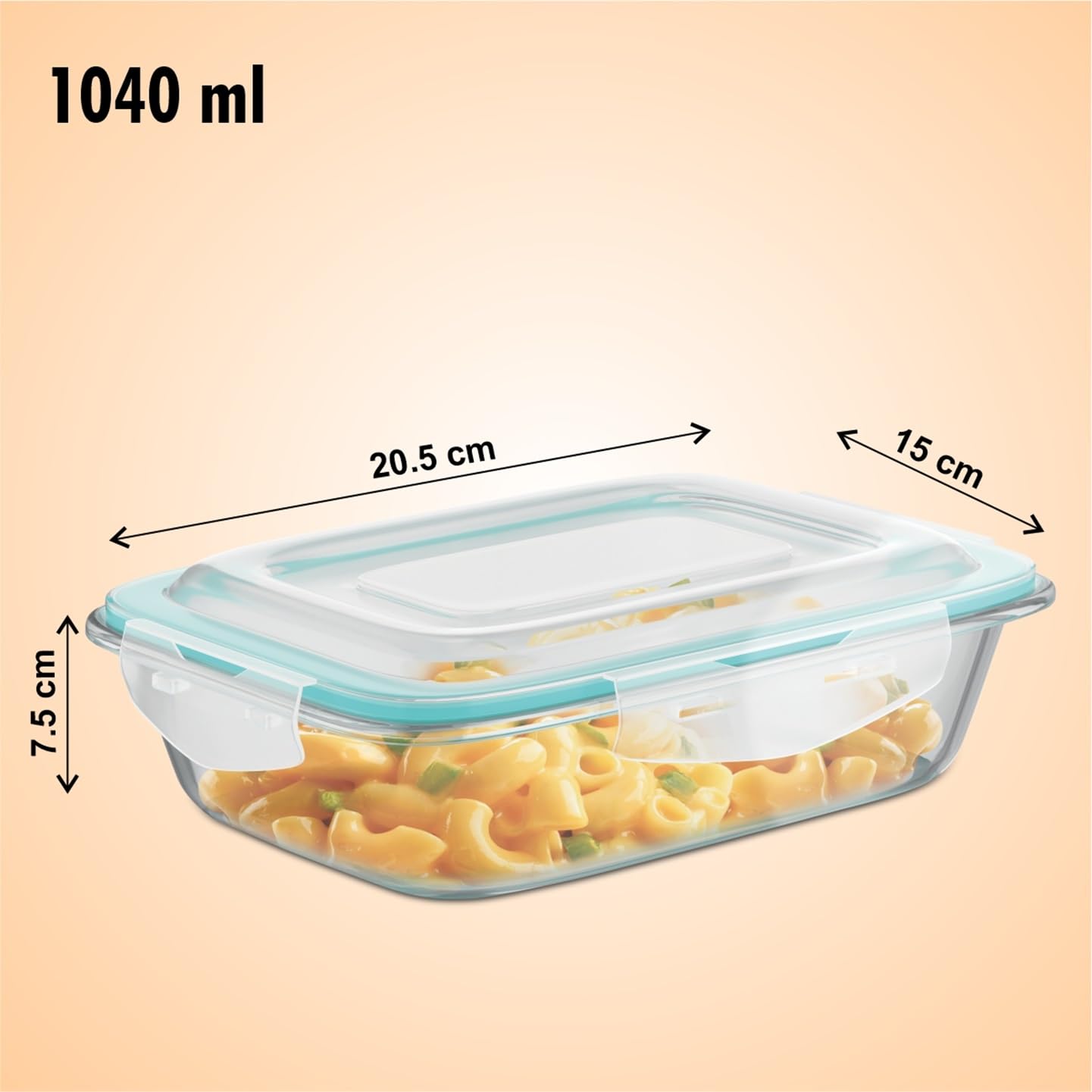 SignoraWare Lock 'N' Store Borosilicate Glass Rectangle Container | Microwave Safe | Convenient Storage | Elegant design | Air Tight Lid | Useful for Tiffin and lunch Box (1.4 Ltr | Clear)
