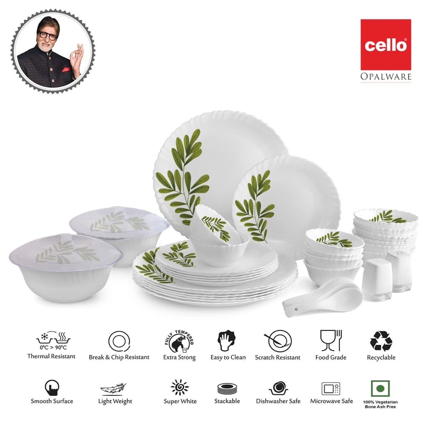 Cello Opalware Dazzle Robina Dinner Set - Pack of 37 Pcs