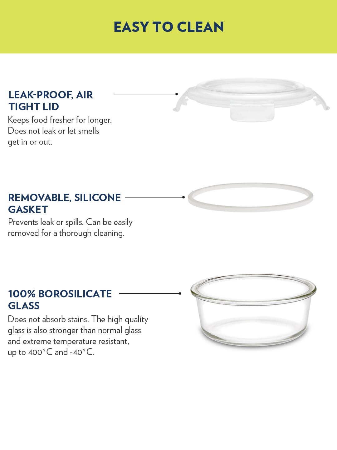 Borosil Klip n Store 950 ml Round Glass Food Storage Container with Air Tight Lid | Borosilicate Glass Container for Lunchbox | Microwave & Dishwasher Safe | Transparent