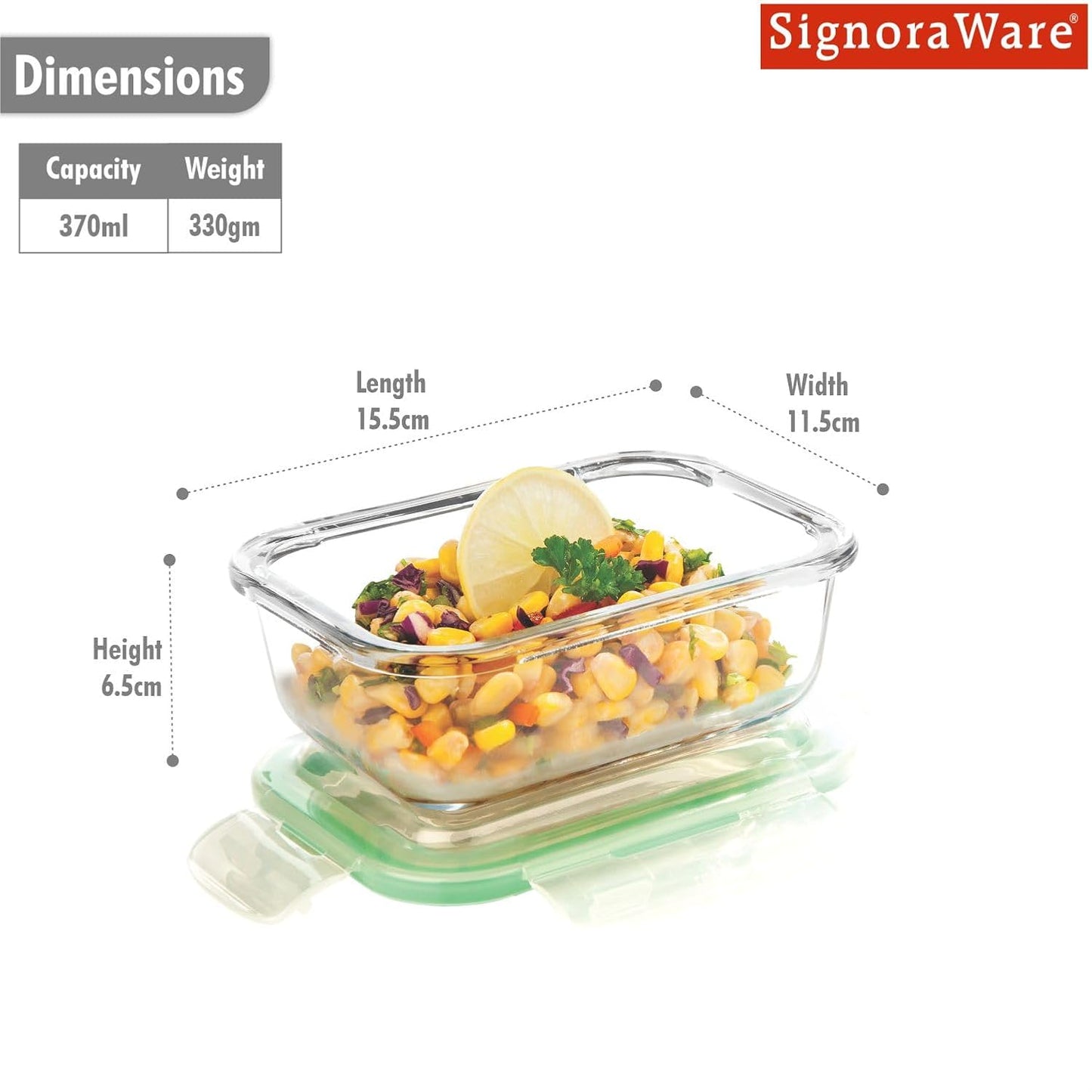 Signoraware Lock N Store Borosilicate Glass Rectangular Container with Lid | Microwave & freezer safe | Airtight & Leakproof | Ideal for Kitchen Use, Lunch box & Reheating Leftovers (Clear| 370ml)