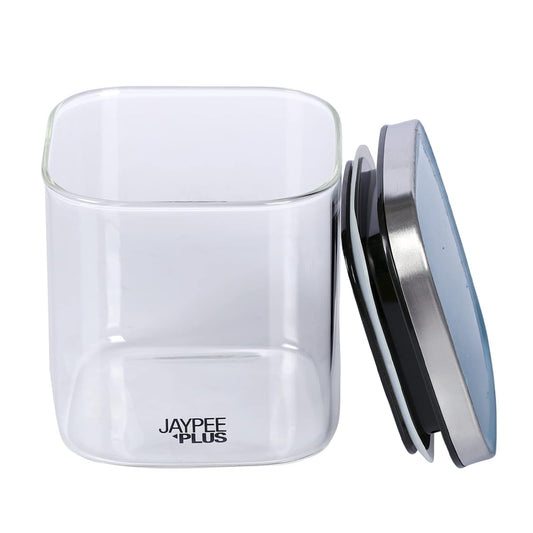Jaypee Plus Uniklass Klear Square Borosilicate Kitchen Storage Jar Container With Airtight Lid 500ml