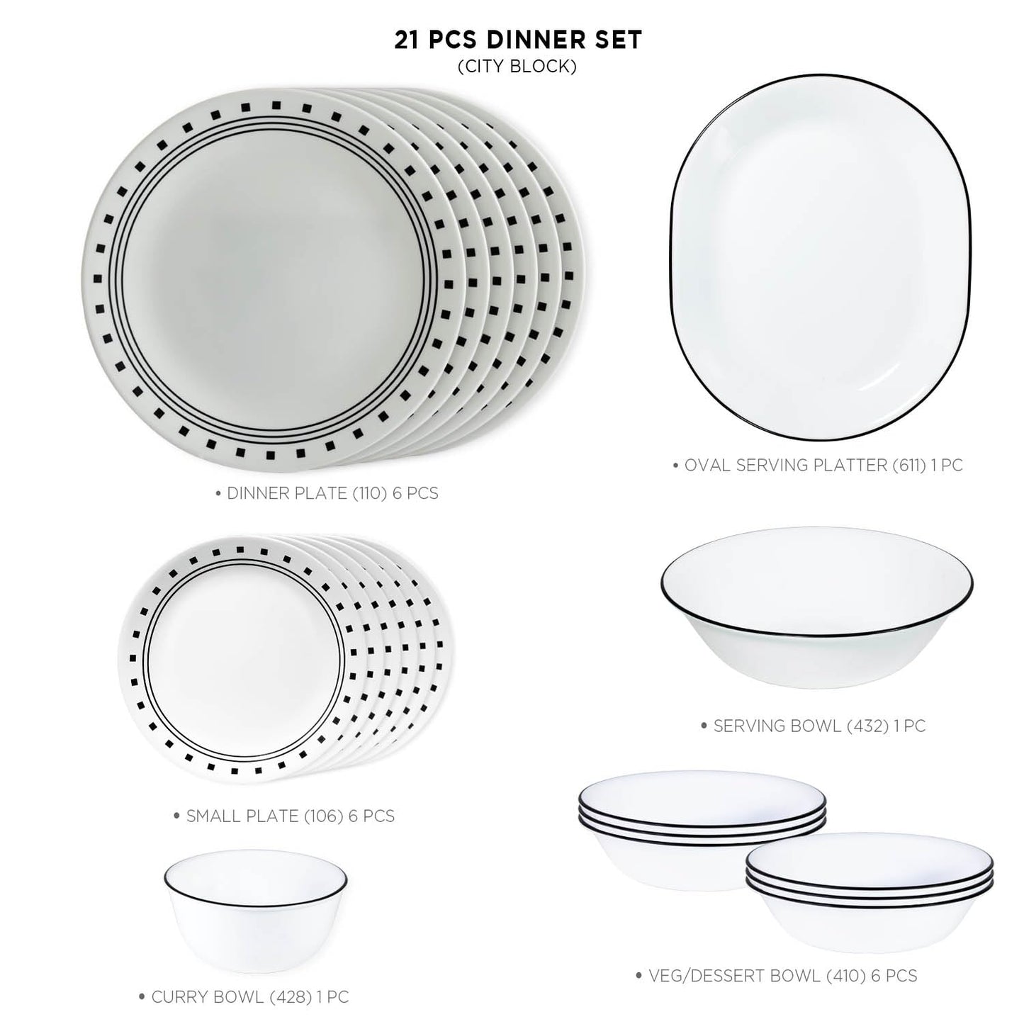 CORELLE 21 pc Dinner Set City Block, Lightweight & Durable, Made of Vitrelle Glass, Microwave & Dishwasher Safe, Elegant Crockery for Dining & Gifting