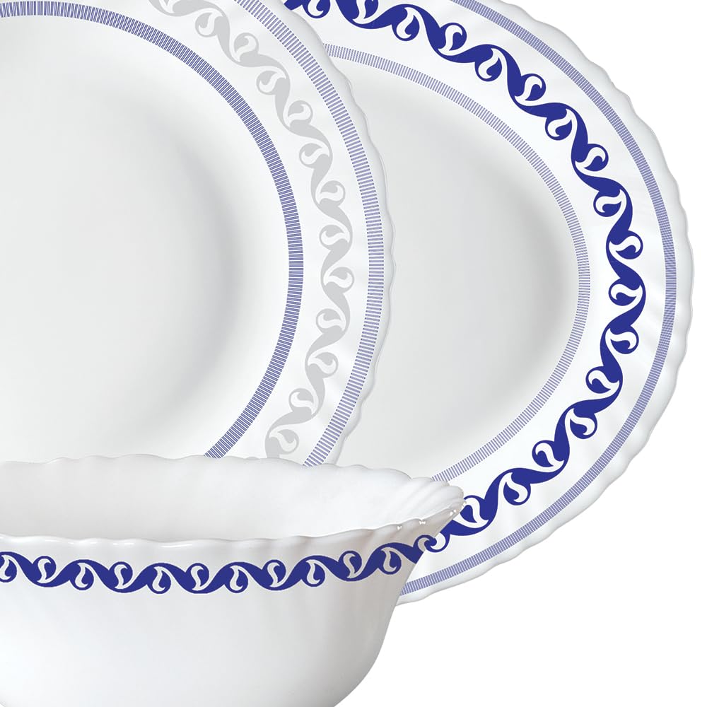 Larah by Borosil Jazzblue Fluted Series Opalware Dinner Set | 33 Pieces for Family of 6 | Microwave & Dishwasher Safe | Bone-Ash Free | Crockery Set for Dining & Gifting | Plates & Bowls | White