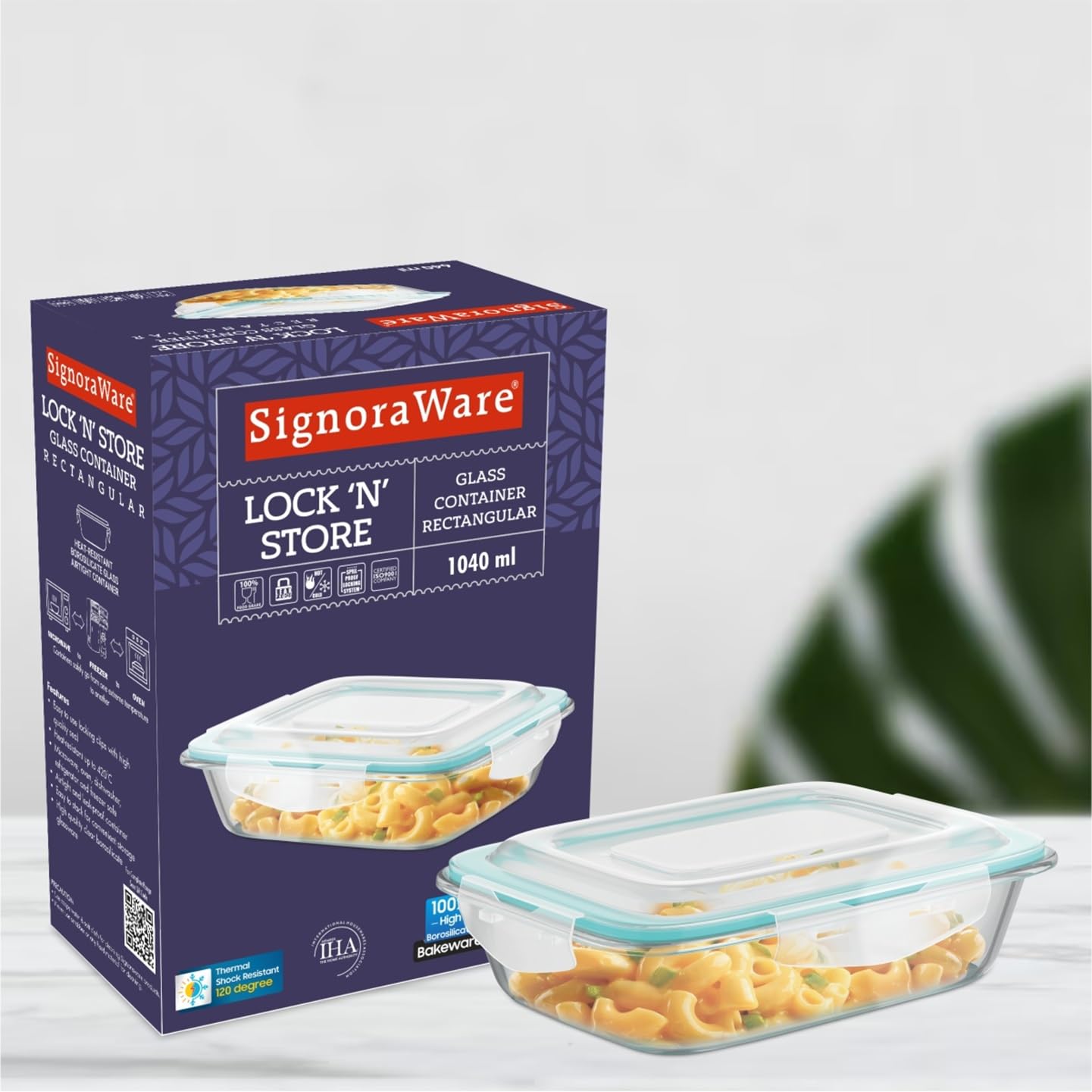 SignoraWare Lock 'N' Store Borosilicate Glass Rectangle Container | Microwave Safe | Convenient Storage | Elegant design | Air Tight Lid | Useful for Tiffin and lunch Box (1.4 Ltr | Clear)