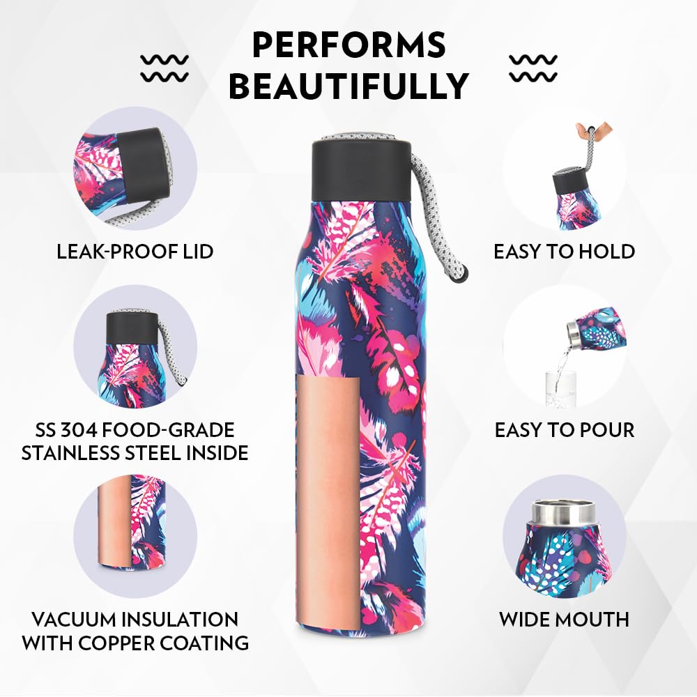 Borosil Hydra Aquasoul Vibrant 600 ml Stainless Steel Water Bottle | Double Wall Vacuum Insulated Flask, Leakproof, Wide Mouth with Strap | 12 Hours Hot & Cold | 1 Year Warranty