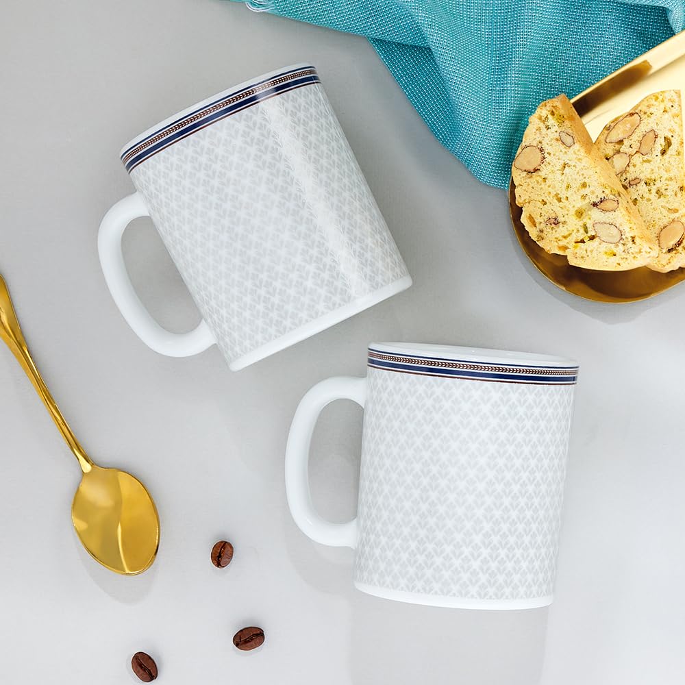 Larah by BOROSIL Premia Series Starlight 2 pc Set of Opalware Tea/Coffee Mug Set (320 ml Each) | Embossed Design, Microwave & Dishwasher Safe | Crockery Set Ideal for Daily Use & Gifting, White
