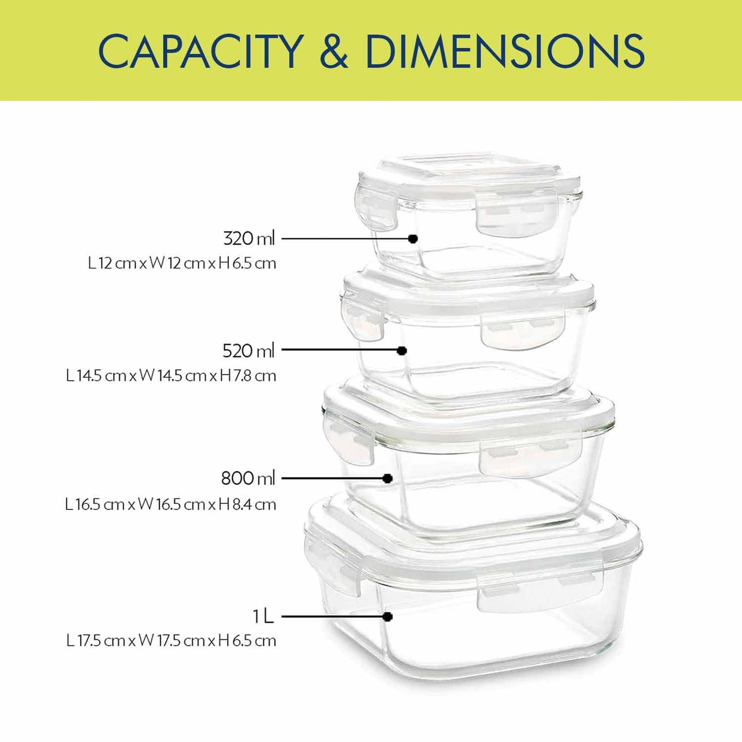 Borosil Klip N Store Glass Storage Container For Kitchen With Air-Tight Lid, Microwave & Oven Safe, Square, 1 L, Clear