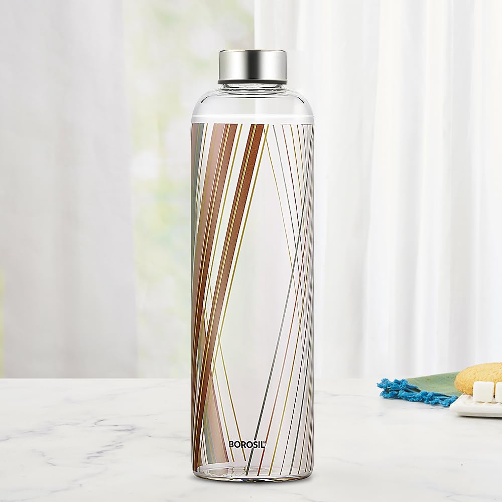 Borosil Artisan 1000 ml Narrow Mouth Glass Bottle with Metal Lid | 100% Borosilicate, Fridge Safe, Leakproof, Easy to Carry | Store Water, Lassi, Juice, Smoothies | Dishwasher Safe (Prism)