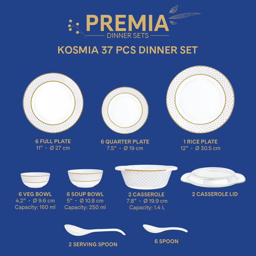Larah by Borosil Premia Series Kosmia Opalware Dinner Set | 37 Piece for Family of 6 | Microwave & Dishwasher Safe | Bone-Ash Free | Crockery Set for Dining & Gifting | Plates & Bowls | White