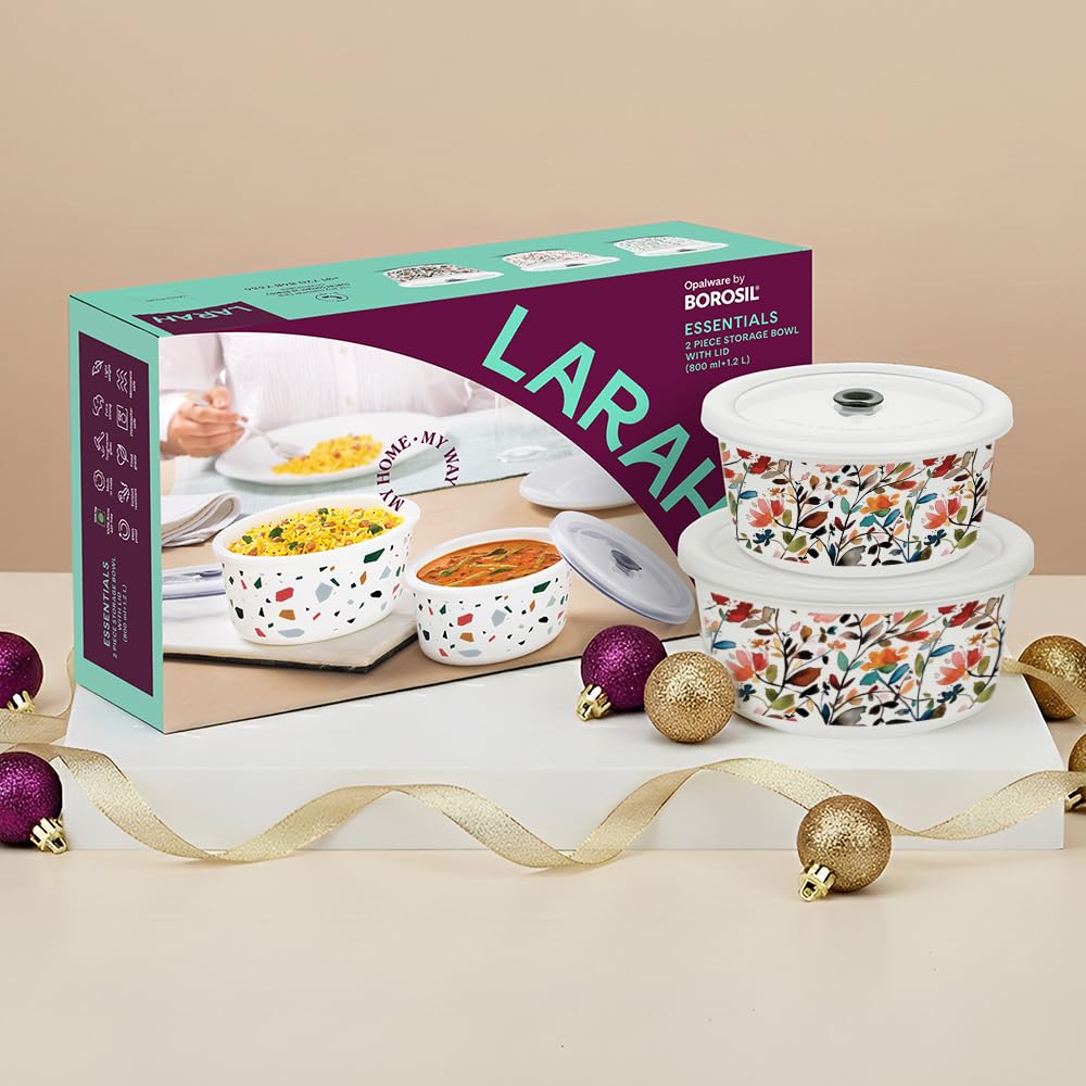 Larah by Borosil Lupin 2 pcs (800 ml) Storage Bowls with Lids, Opal Glass Containers with Lid, Airtight Container Set for Kitchen, Microwave Safe Containers, Dishwasher Safe Kitchen Containers