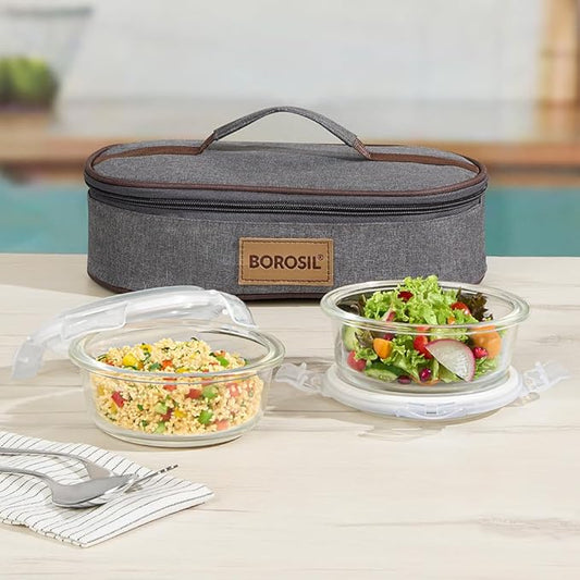 Borosil Pro Borosilicate Glass Lunchbox with Bag | 2 pc Round Container Set (400 ml Each) | Microwave & Dishwasher Safe, Leakproof | Tiffin for Office, School, College | Transparent, Horizontal