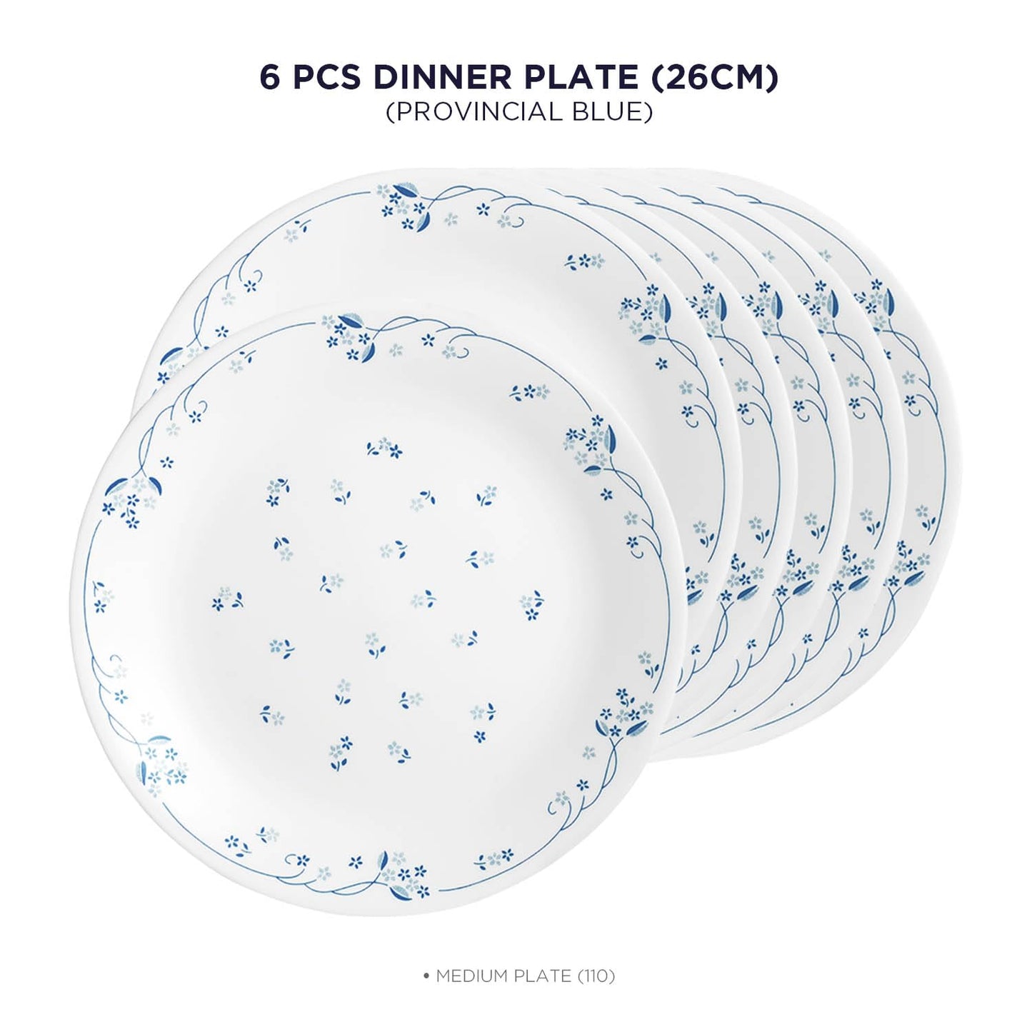 Corelle Provincial Blue Glass Dinner Plate Pack of 6, 26CM, Multicolor
