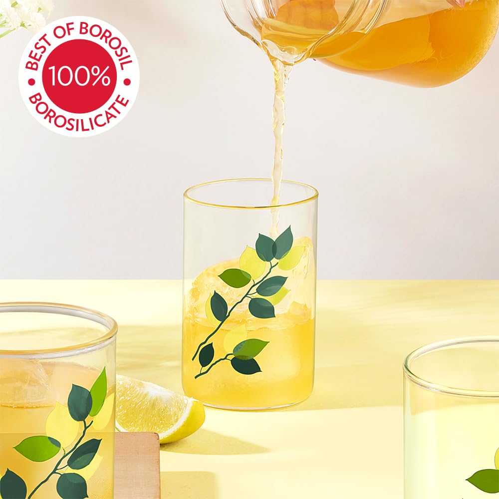 Borosil 295 ml Set of 6 pcs Green Leaves Vision Transparent Glass | Cold Drink Tumbler, Beer Glass, Juice Glass | Flame Proof Glasses | Microwave & Dishwasher Safe | Glass Drinking Tumbler