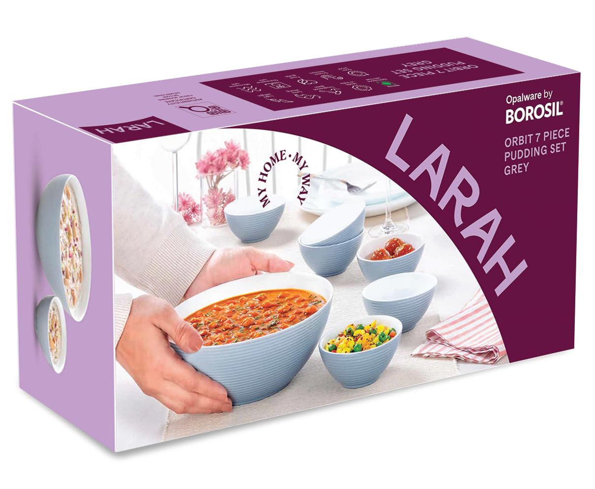 Larah by Borosil Grey Orbit Series Opalware 7 Pcs Pudding Set | Microwave & Dishwasher Safe | Bone-Ash Free | Crockery Set for Dining & Gifting | Bowls Set