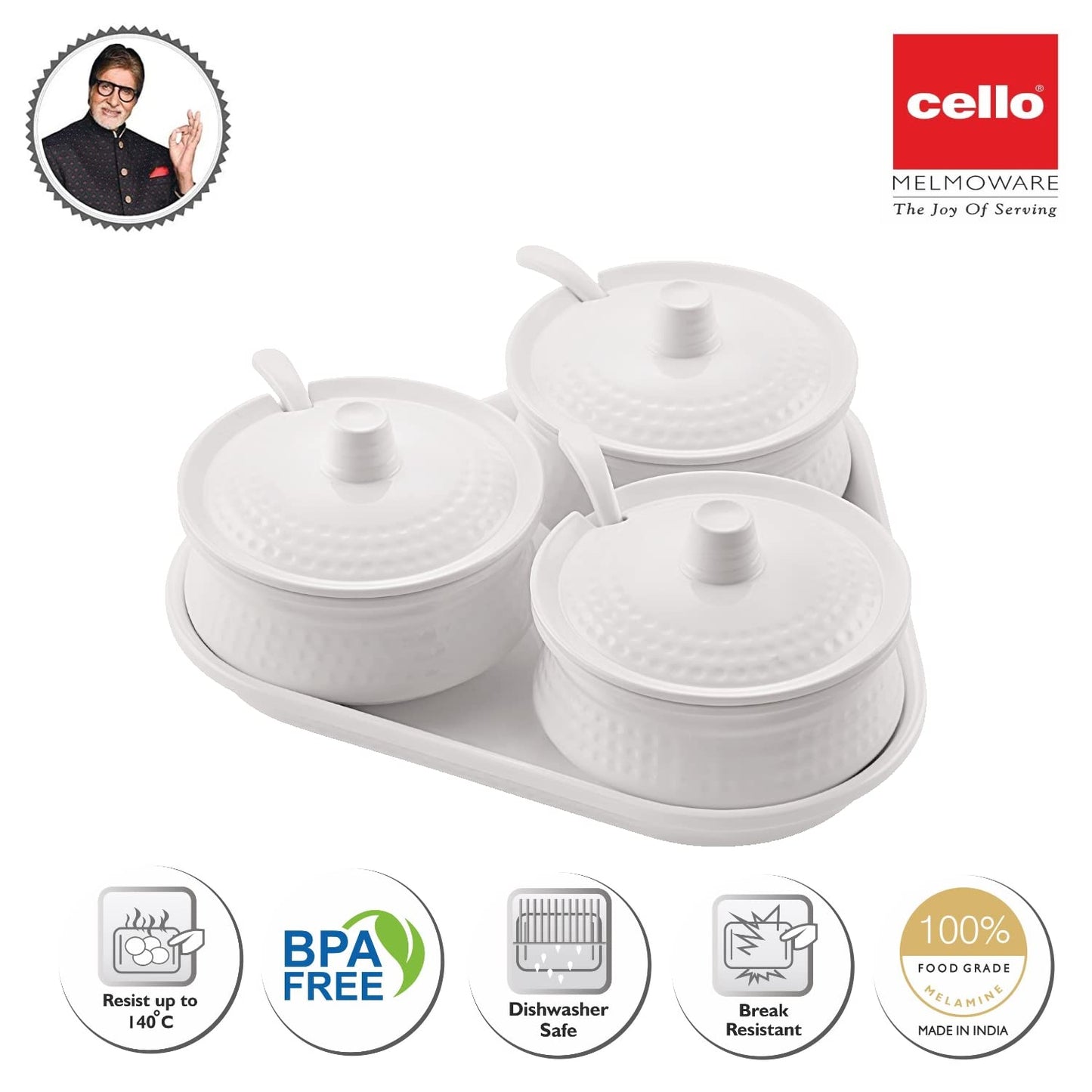 CELLO Melamine Mellow White Pickle Serving Set With Tray (3 Pieces) | Condiment, Masala Container | Pickle and Chutney Jar for Dining Table, Beige