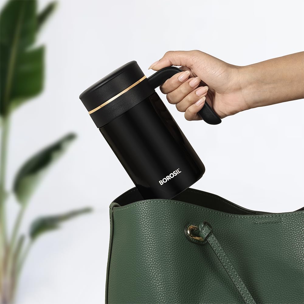 Borosil Hydra Klassic Super Insulated Mug, Vacuum Insulated Travel Coffee/Tea Mug, 8 Hrs Hot and 13 Hrs Cold, Easy to Carry, Leak Proof, 540 ml, Black, Stainless Steel