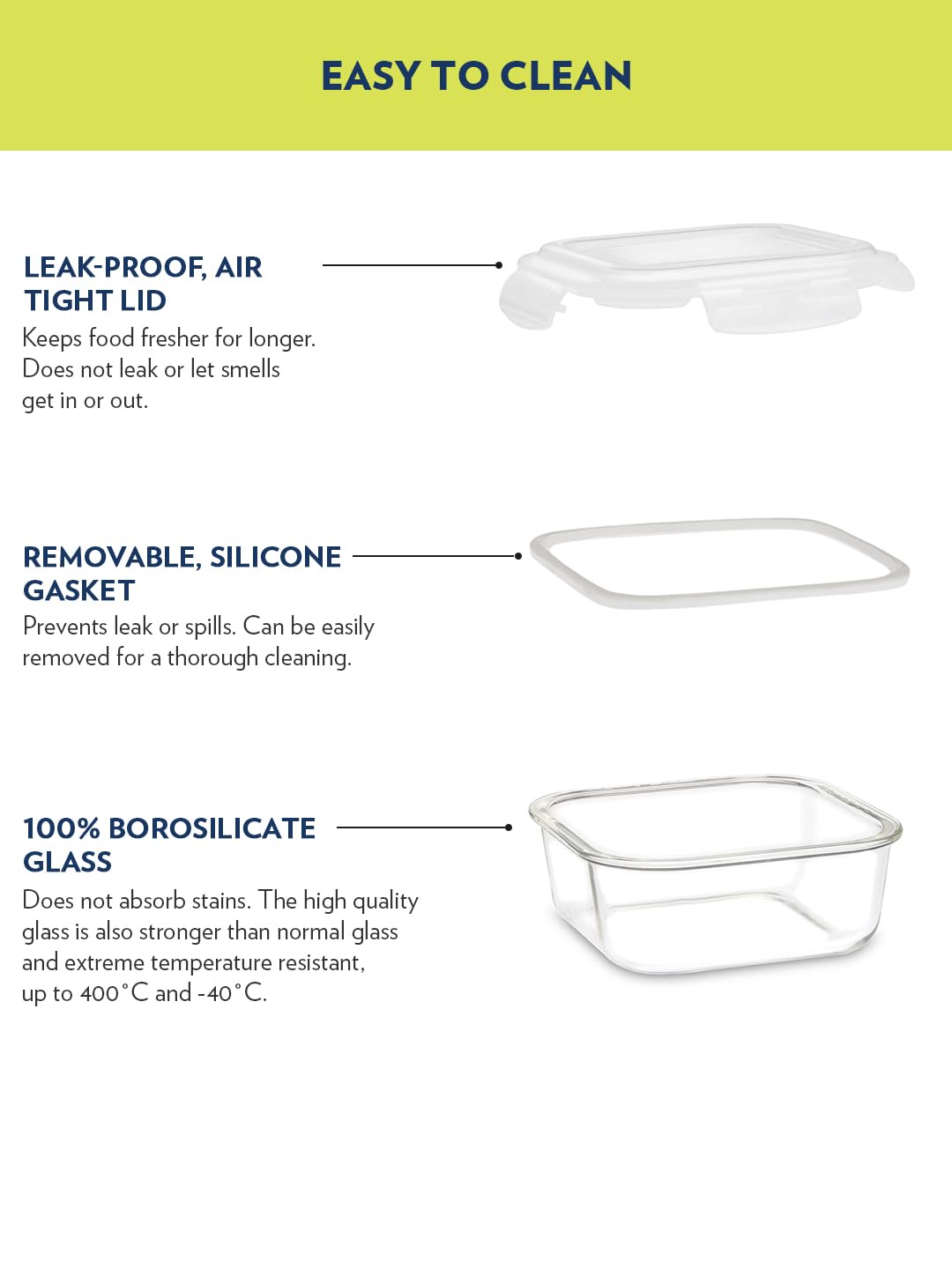 Borosil 800ml Klip n Store Square Glass Food Storage Container with Air Tight Lid | Borosilicate Glass Container for Lunchbox | Microwave & Dishwasher Safe | Transparent