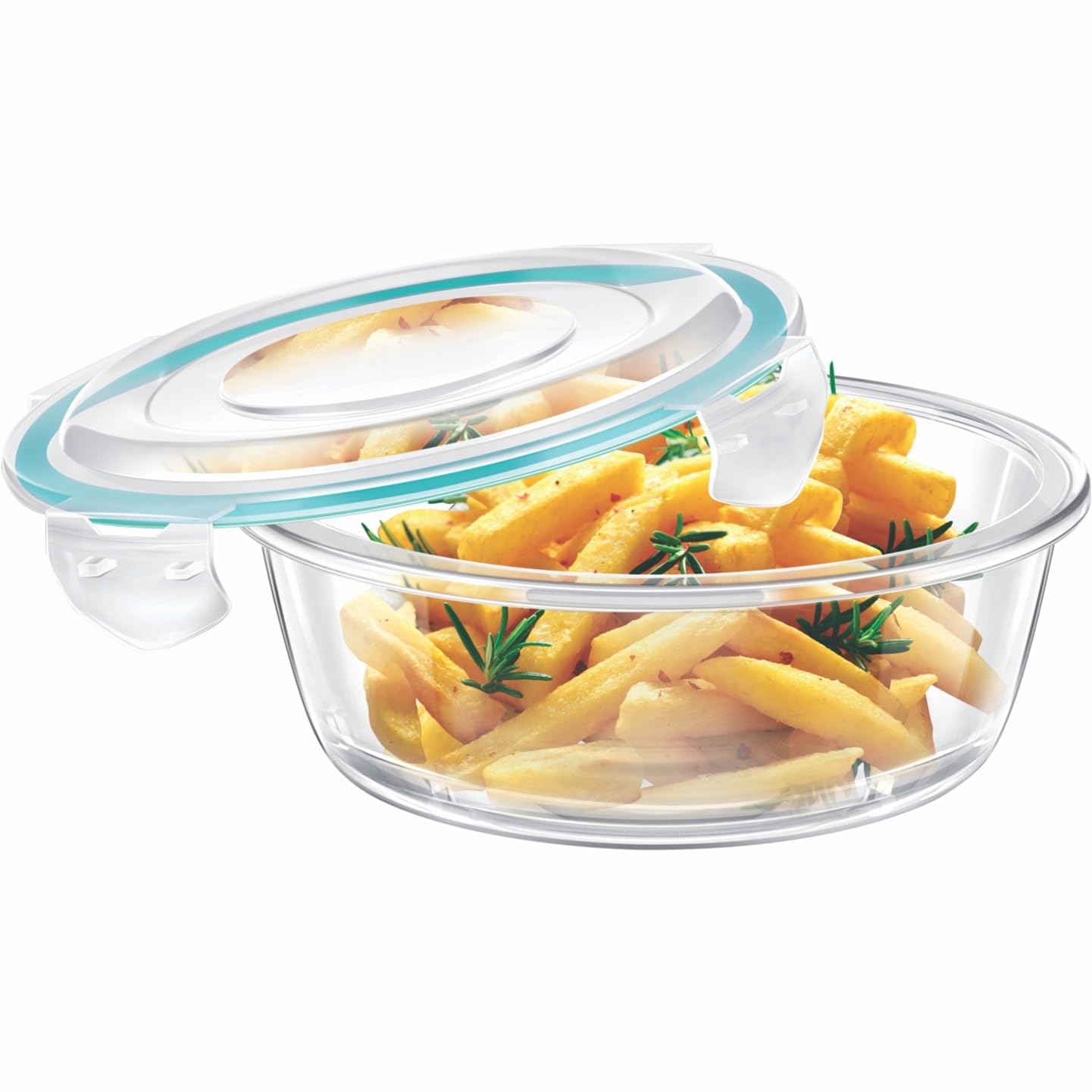 SignoraWare Lock N Store Borosilicate Glass Round Container | Microwave & Dishwasher Safe | Heat Resistant | Air tight & Spill Proof | Storing leftover | Best for Baking & Serving (620 ml | Clear)