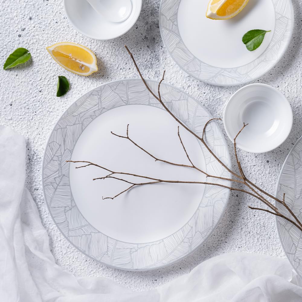 Larah by Borosil Premia Series Ivy Opalware Dinner Set | 37 Piece for Family of 6 | Microwave & Dishwasher Safe | Bone-Ash Free | Crockery Set for Dining & Gifting | Plates & Bowls | White